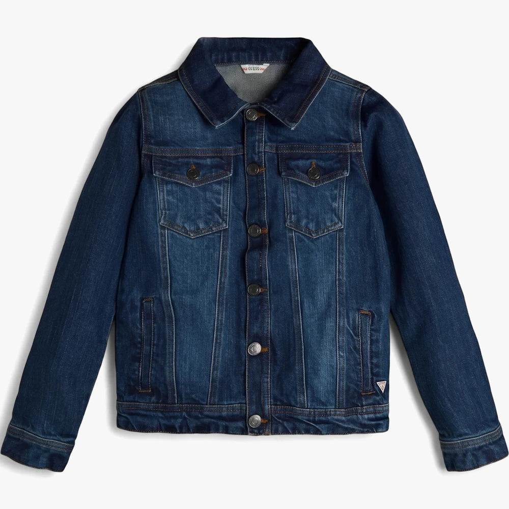Guess Kids dark blue denim jacket with button-front closure and chest pockets, shown in a classic front view.