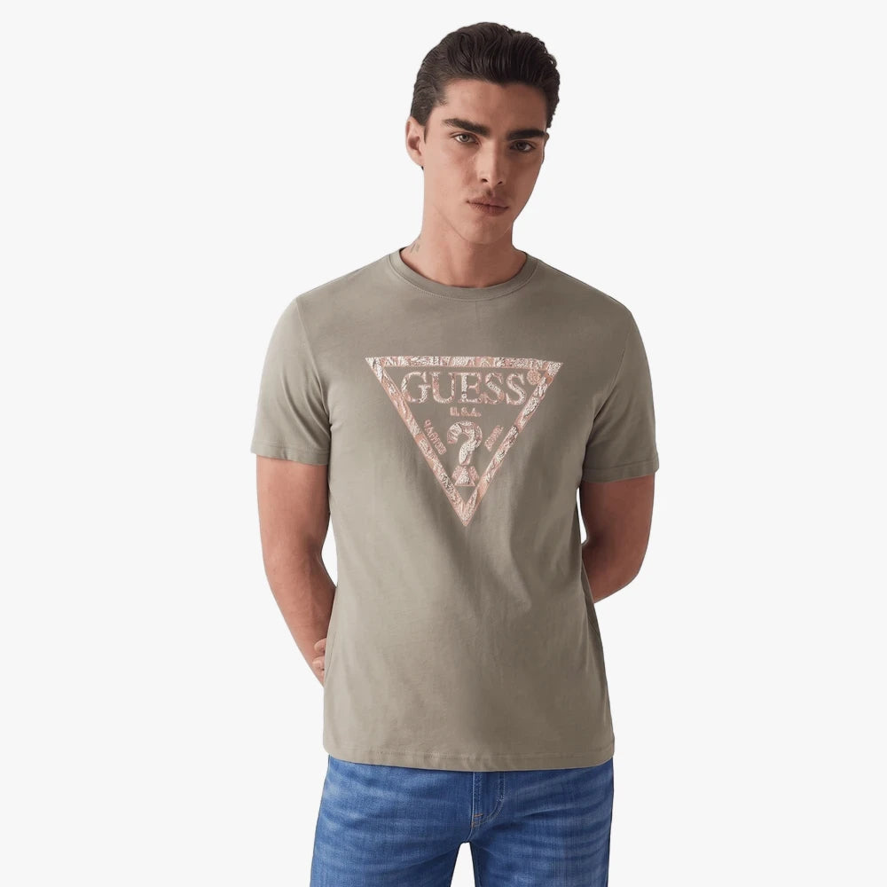 Male model wearing a sage green Guess short sleeve t-shirt with a distinctive triangle logo on the front.