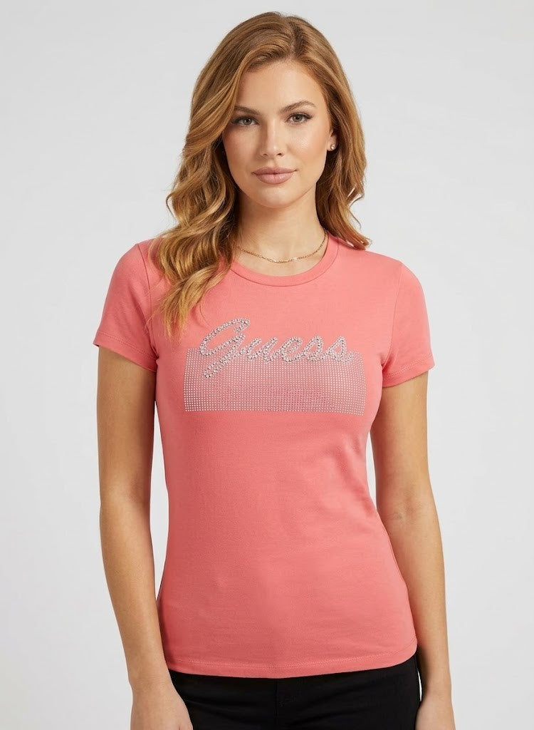 Guess Womens Kaia Bling Tee Pink