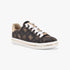 Guess Womens Stasey3 low-top sneaker in black with brown monogram pattern, gold accents, and white sole.