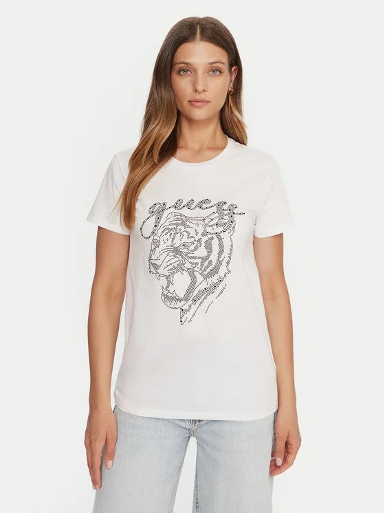 Guess Womens Tiger Bling Tee White