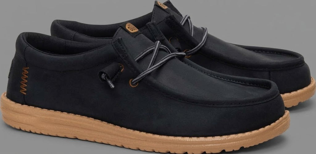 Hey Dude Mens Wally Full Grain Leather Shoe Black Tobacco Brown