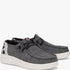 A pair of Hey Dude Womens Wendy Rise Animal Black Multi casual shoes, featuring dark gray canvas uppers, cow print heel, and
