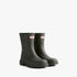 A pair of dark olive Hunter Womens Downpour Short Boots, waterproof mid-calf rain boots with chunky lug soles.