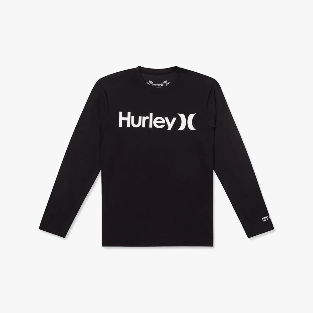 Black Hurley Oao Quickdry long sleeve rashguard shirt featuring the white Hurley logo on the chest.
