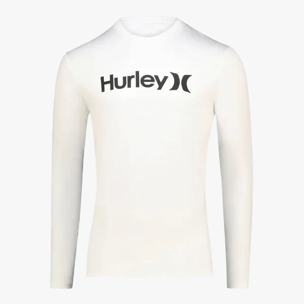 White Hurley Oao Quickdry Rashguard Long Sleeve for men, featuring a black Hurley logo on the chest, designed for sun