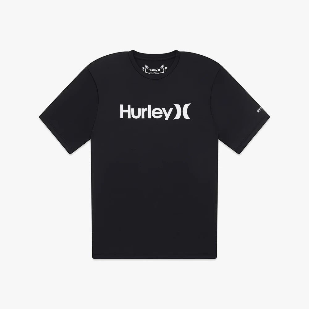 Hurley Women Oao Quickdry Rashguard Short Sleeve Black t-shirt with a white Hurley logo on the chest.