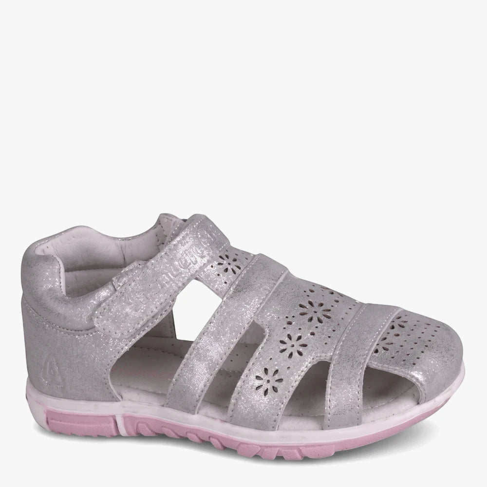 Hush Puppies Girls Infants Lisa Fisherman Sandals in silver multi, featuring intricate floral perforations and a contrasting