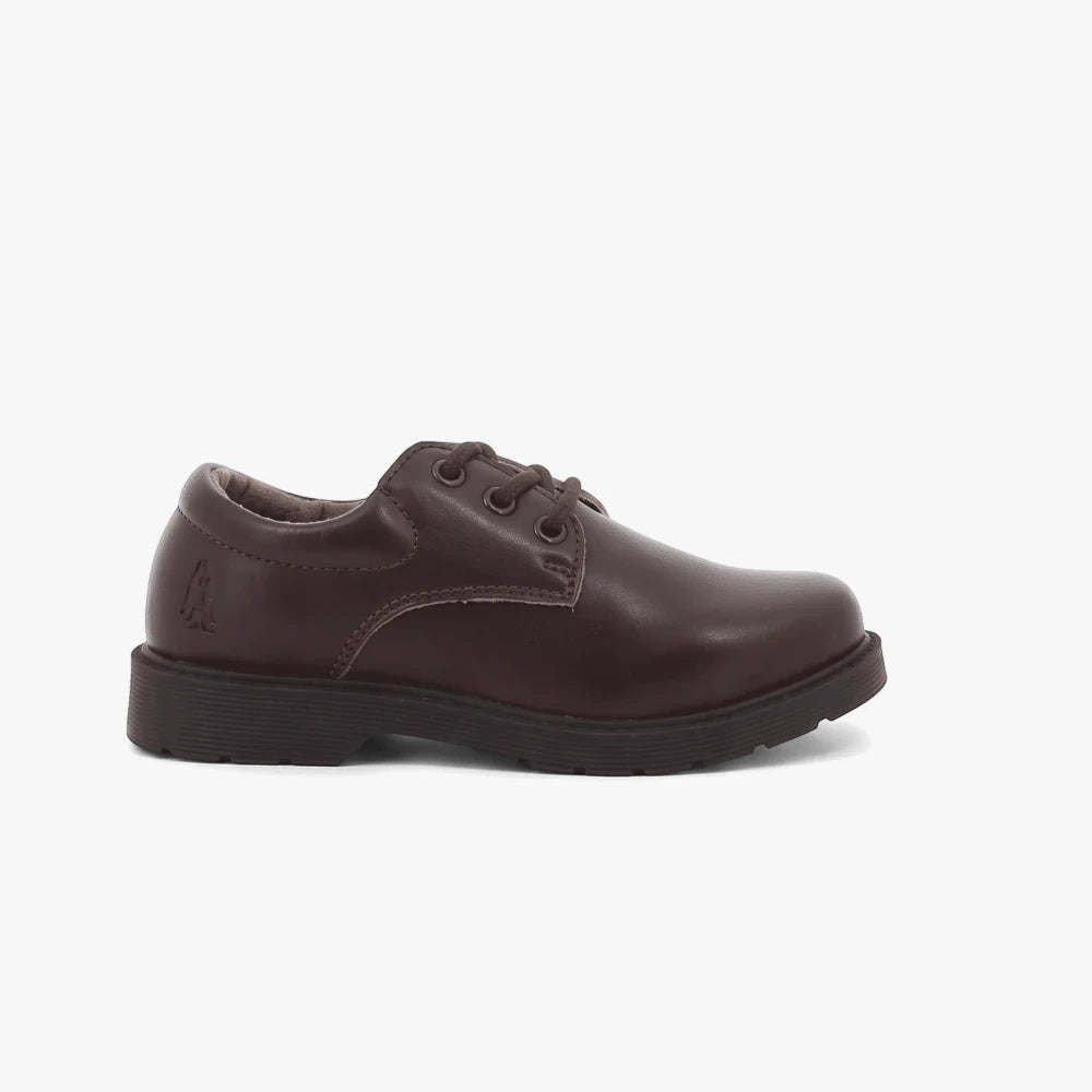 Brown leather Hush Puppies Kids Curtis lace-up school shoe, side view, durable and comfortable for daily wear.