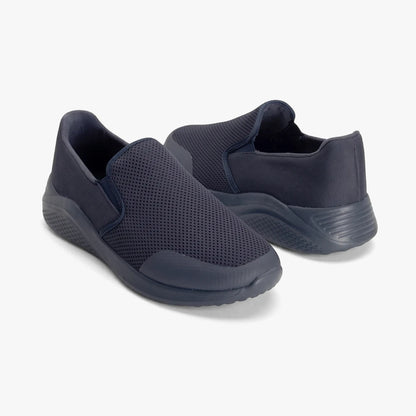Hush Puppies Mens Zappo Navy Multi Mesh slip-on shoes in a close-up, showing the breathable mesh upper and durable sole.