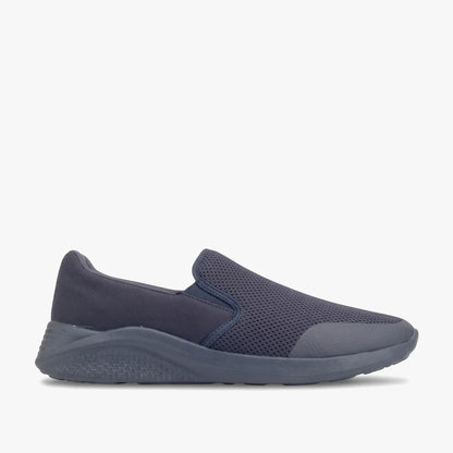 Hush Puppies Mens Zappo slip-on shoe in navy multi mesh, shown from a side view.