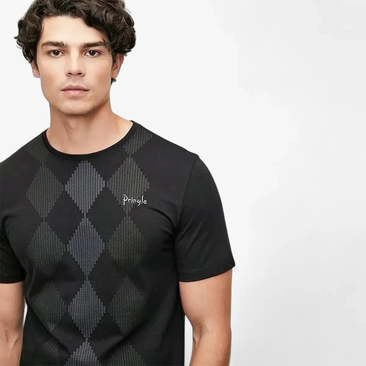 Pringle Mens Hugo All Over Argyle Short Sleeve Tee Black | Pringle