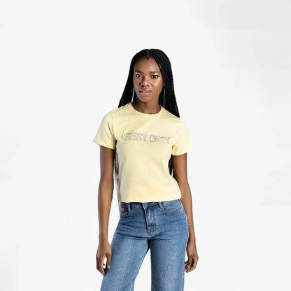 Sissy Boy Womens Flower Embroid Bling Logo Tee Pale Yellow | Sissy Boy