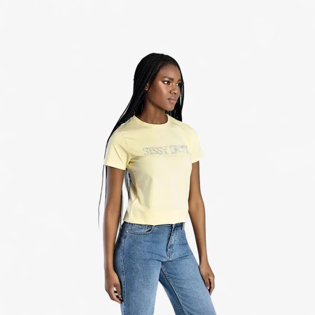 Sissy Boy Womens Flower Embroid Bling Logo Tee Pale Yellow | Sissy Boy