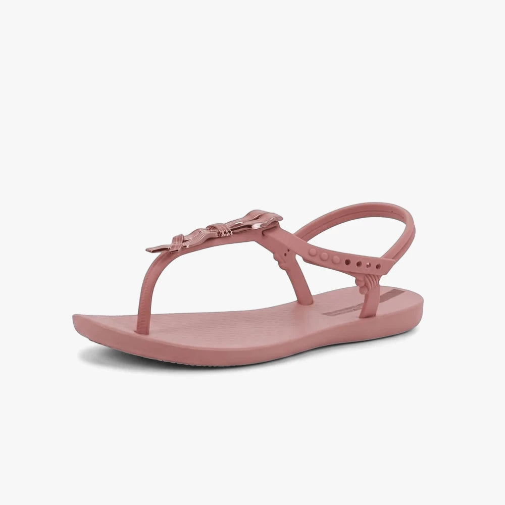 Pink Ipanema Womens Class Charming thong sandal with adjustable ankle strap and decorative T-strap bow detail, side view.