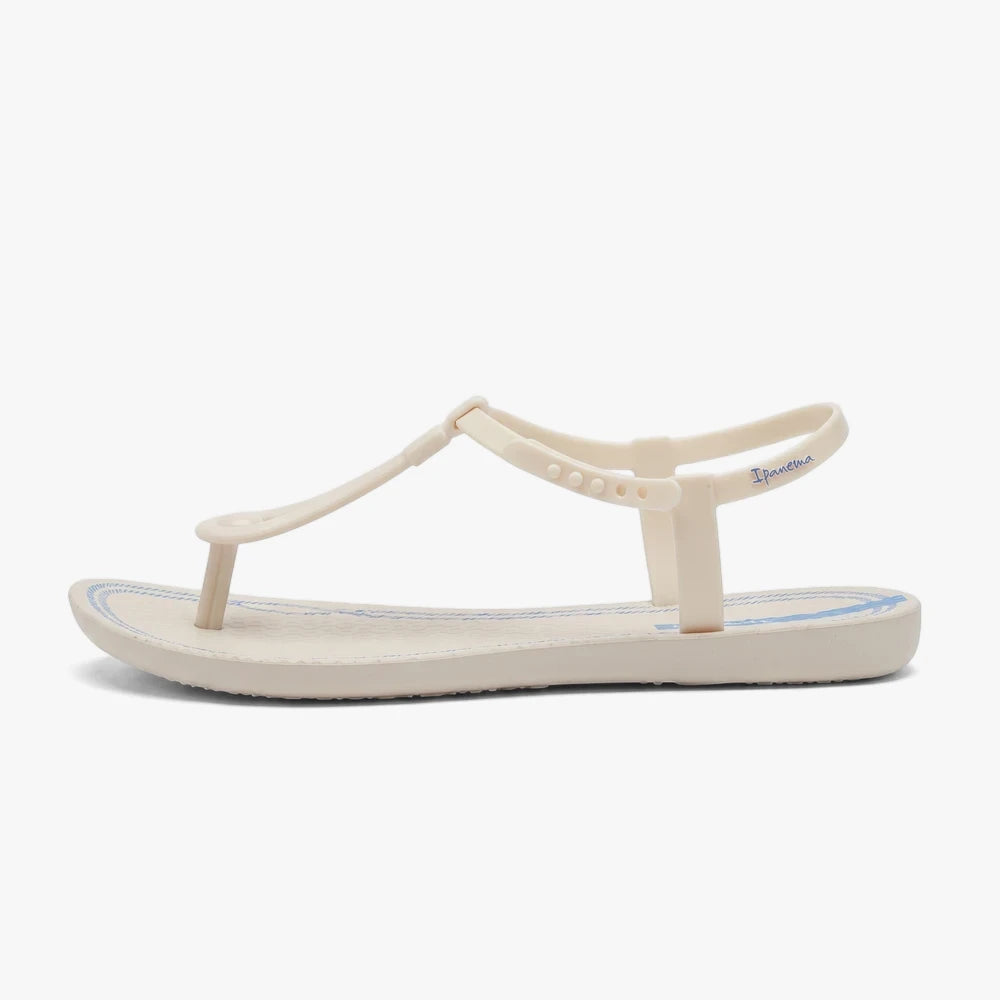 Ipanema Womens Class Slim T-Strap Sandal in beige and blue, captured from a side view on a white background.