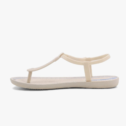 Ipanema Womens Class Slim T-strap sandal in beige with blue stripes, shown from the side on a white background.