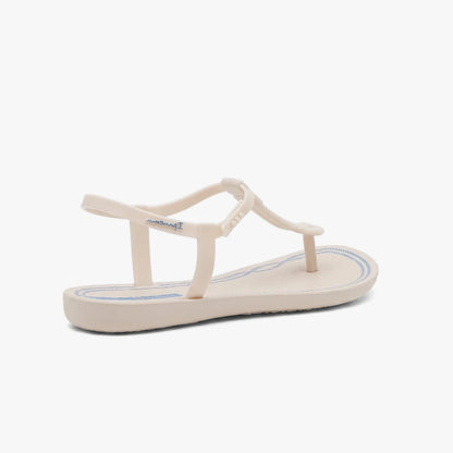 Ipanema Womens Class Slim Sandal in beige with blue accents, featuring a T-strap design and flat rubber sole.