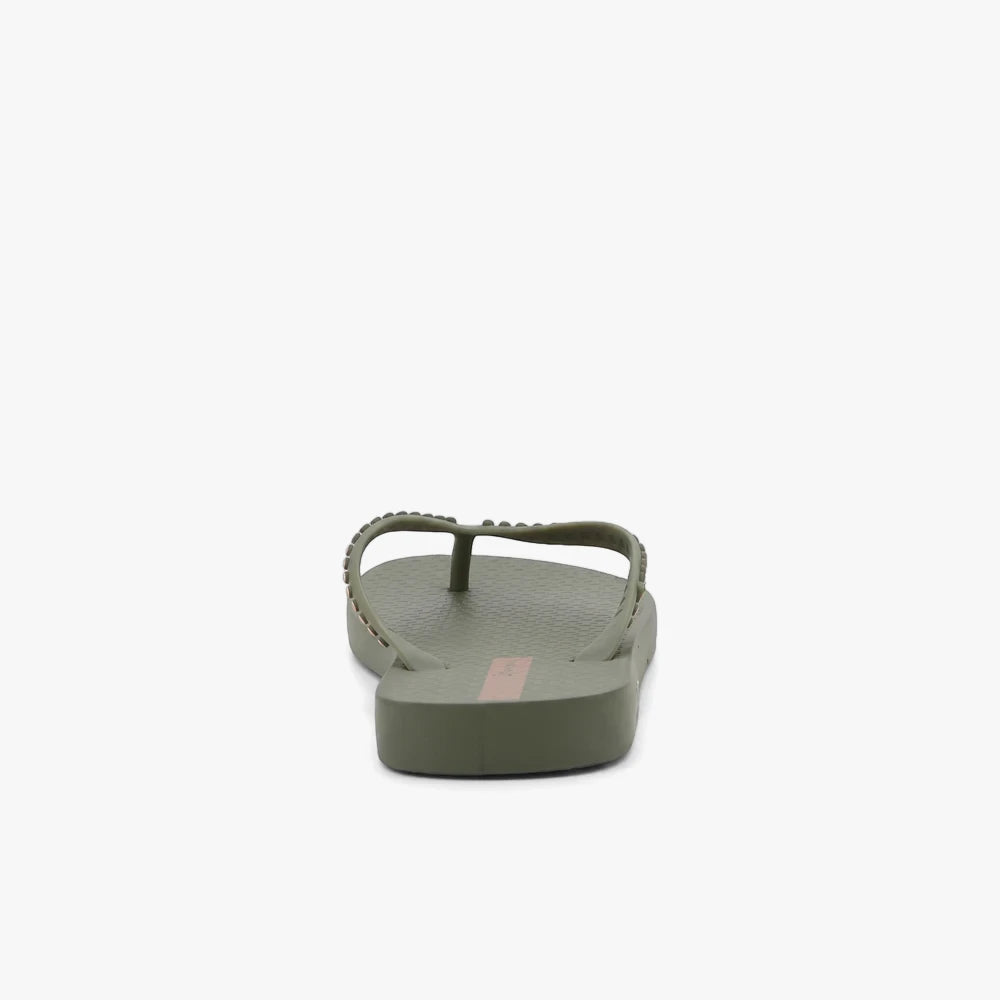 Ipanema Womens Essence Sandal in green with bronze strap embellishments, shown from a rear-facing view.