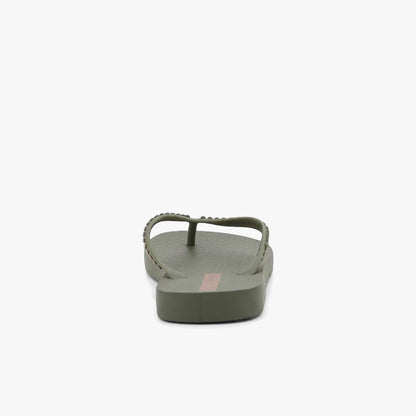 Ipanema Womens Essence Sandal in green with bronze strap embellishments, shown from a rear-facing view.