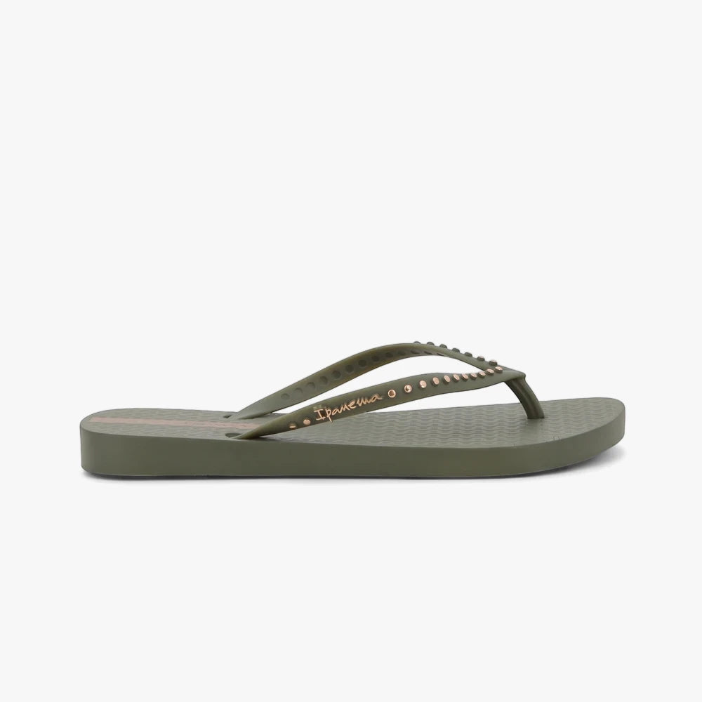 Ipanema Womens Essence Sandal in green with bronze studded straps, presented from a side angle.