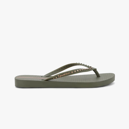 Ipanema Womens Essence Sandal in green with bronze studded straps, presented from a side angle.