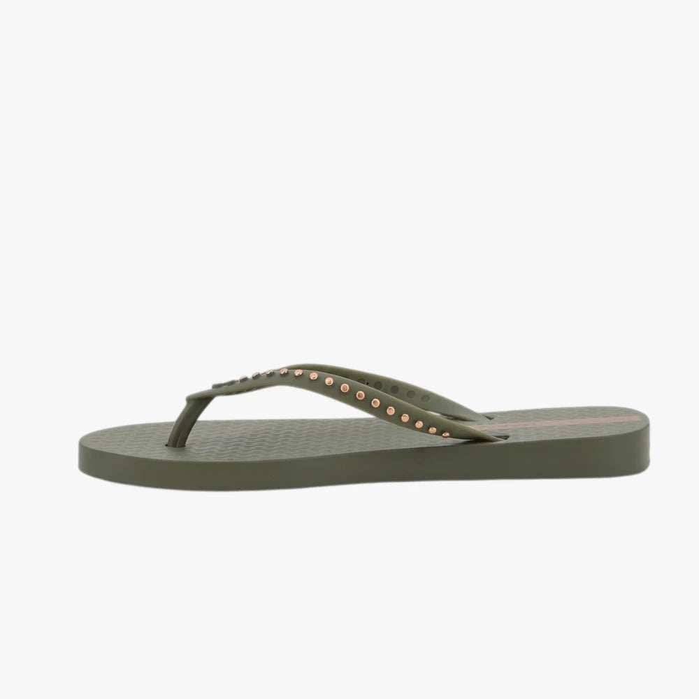 Ipanema Womens Essence sandal in olive green with bronze studs, shown from a side profile view.
