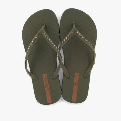 Pair of Ipanema Womens Essence green bronze sandals with studded straps, displayed from an overhead view.