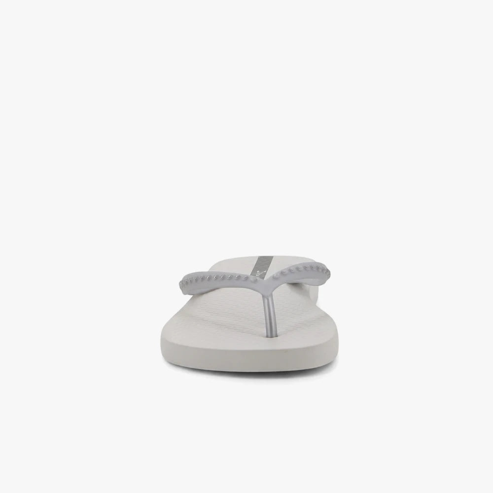 Light grey Ipanema Womens Essence sandal with silver studded thong strap, photographed from a frontal low angle.