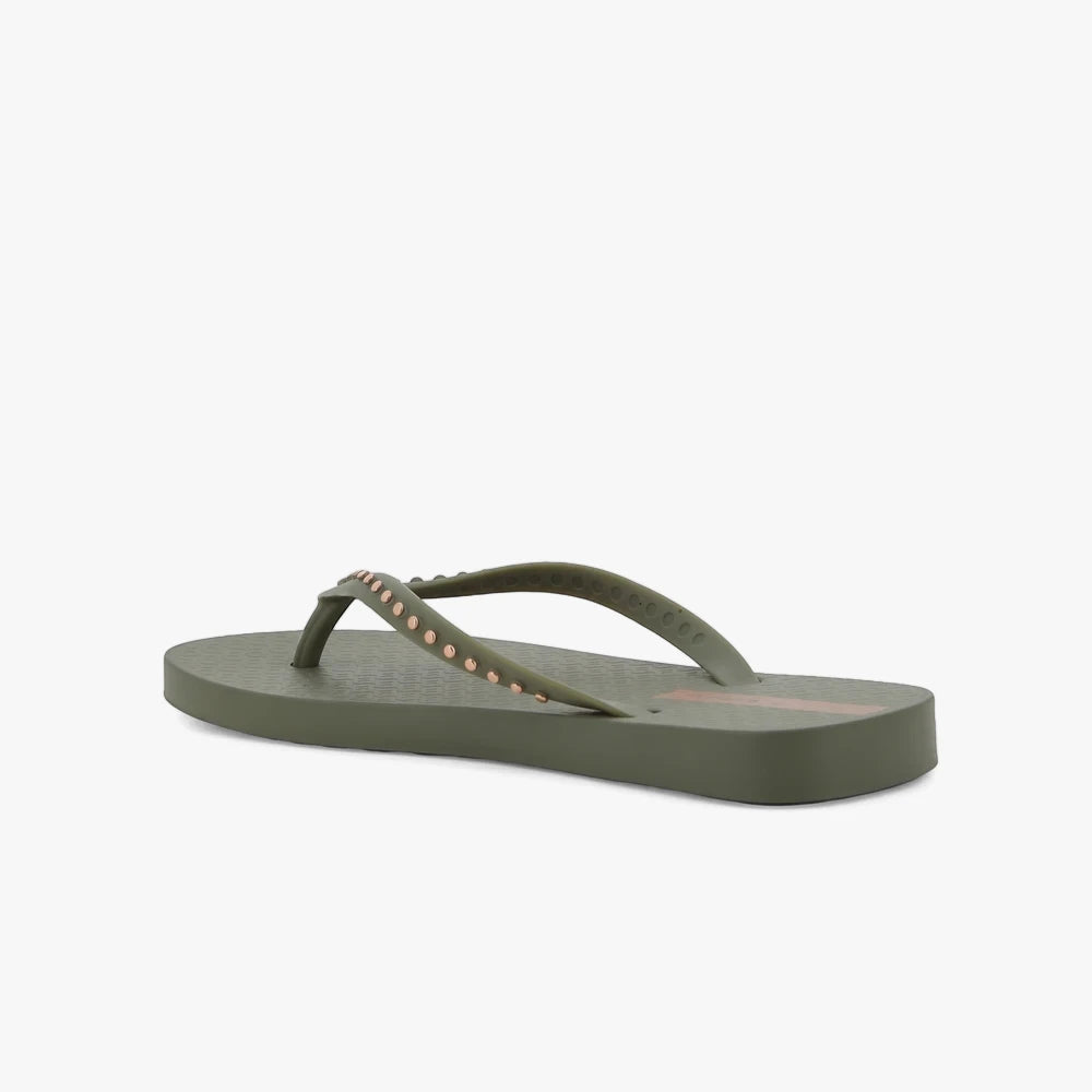 Ipanema Womens Essence sandal in olive green with bronze studded straps and a textured sole, viewed from a side angle.