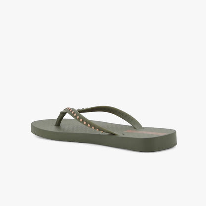 Ipanema Womens Essence sandal in olive green with bronze studded straps and a textured sole, viewed from a side angle.
