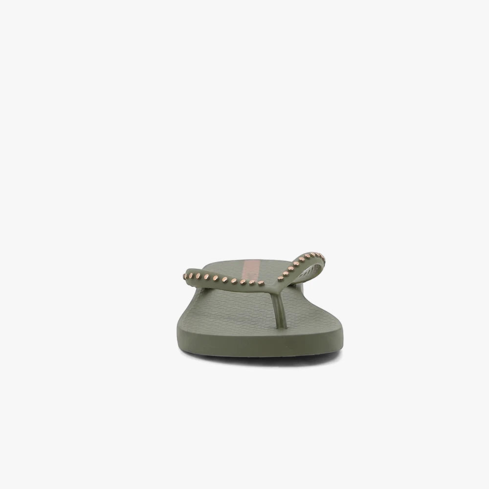 A single Ipanema Womens Essence sandal in olive green, featuring stylish bronze stud details on the straps, photographed