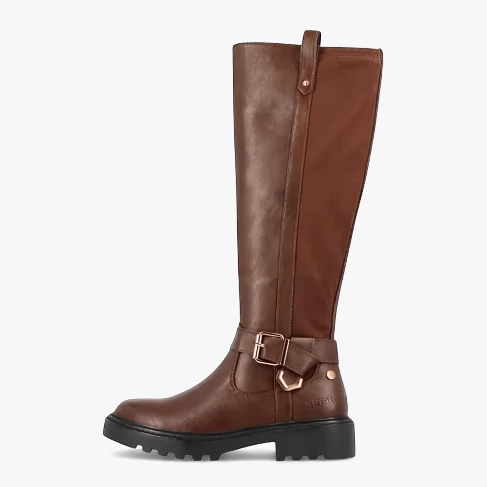 A single brown leather knee-high boot from the Jeep Ladies Comfort Rider collection, featuring a stylish buckle detail at