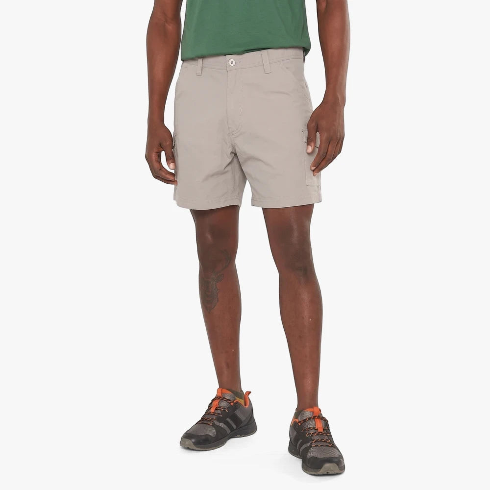 Jeep Mens 14Cm Fixed Wb Mountain Man Shorts in a composite gray color, worn by a standing male model.
