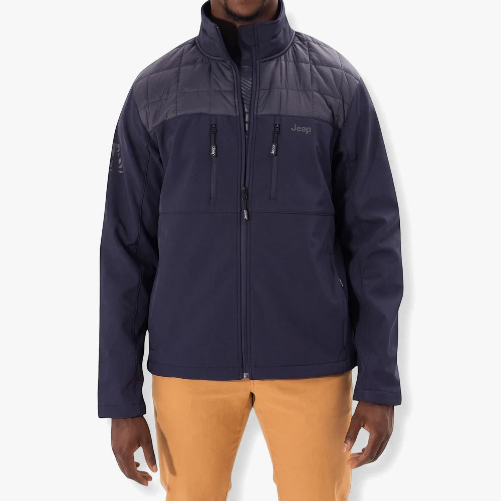 A man wears a navy blue Jeep men&