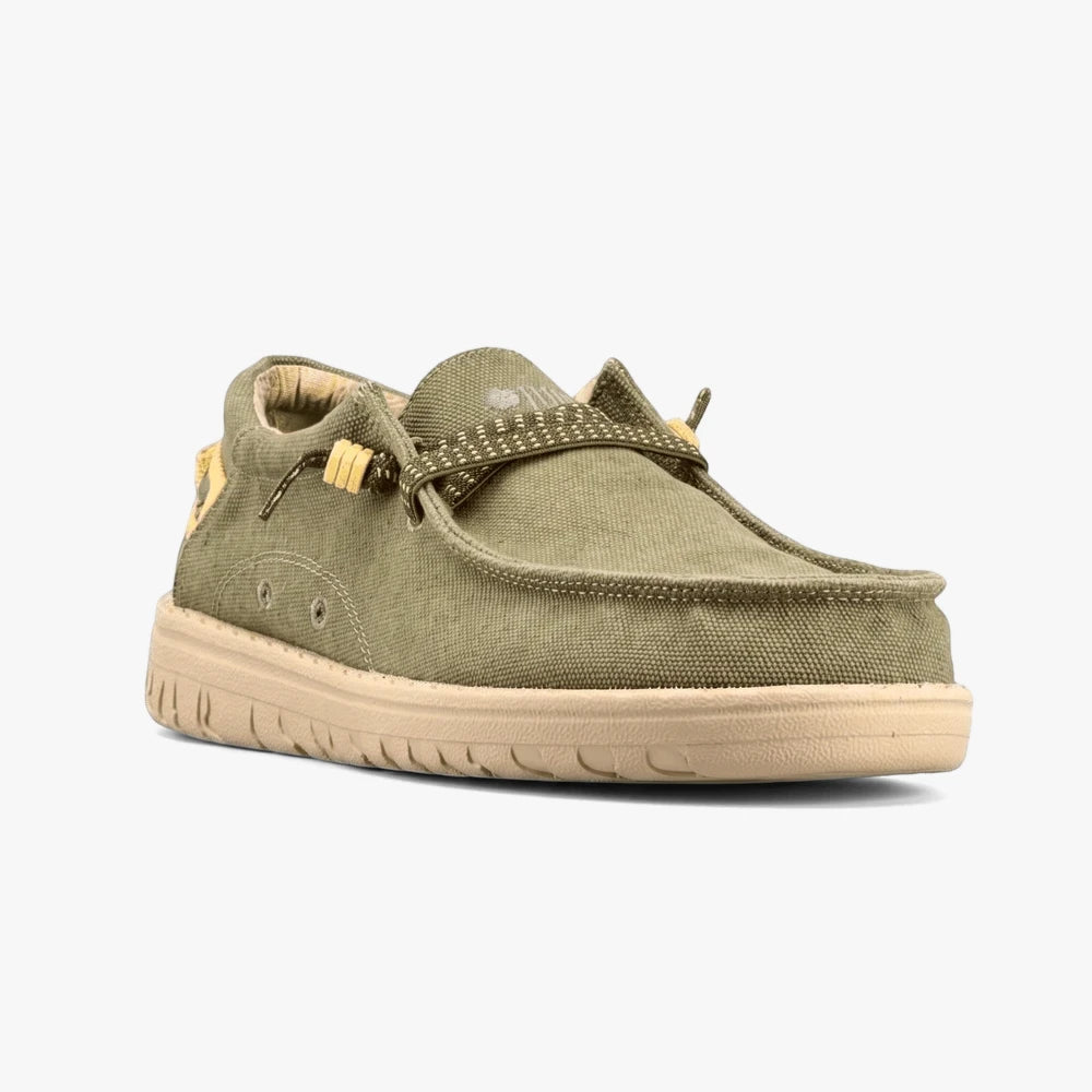 Green canvas Jeep Mens Samoa Wallabee slip-on shoe with yellow laces and a light tan sole, viewed from a slightly angled