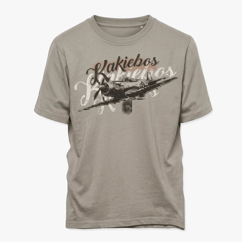 Khaki Kakiebos Classic Fit short sleeve tee featuring a dark airplane graphic and text on the front. Front view.
