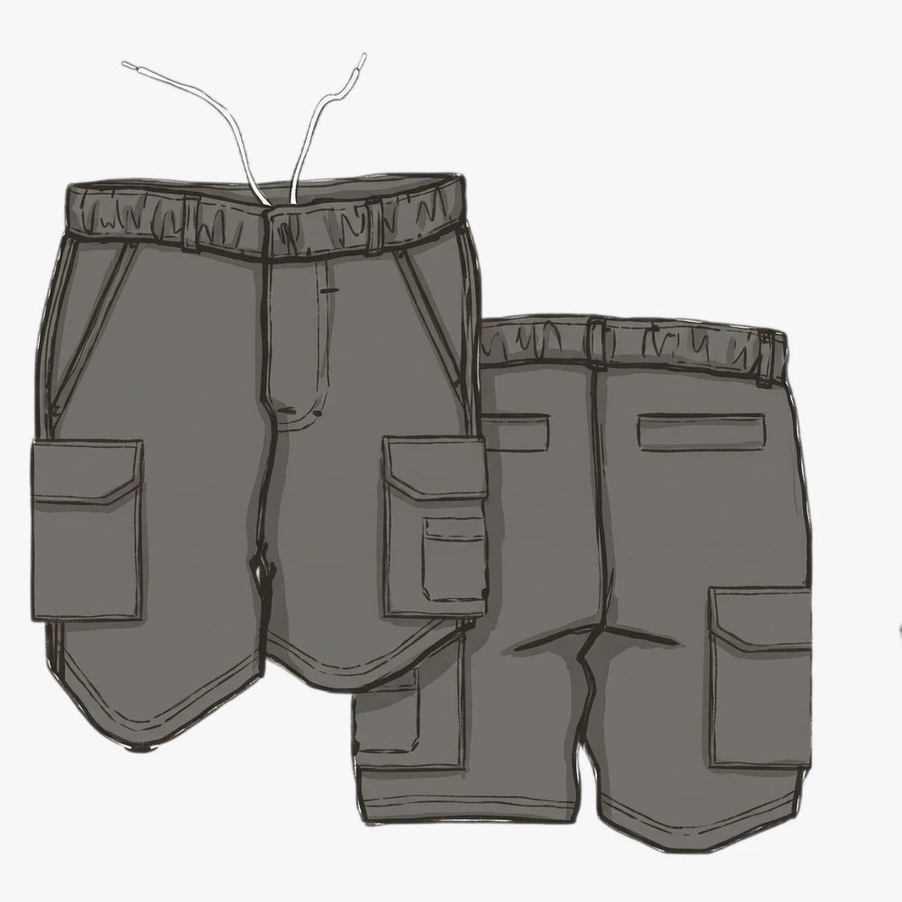 Kakiebos Mens 14cm elasticated cargo shorts in chocolate brown, shown in front and back technical drawings.