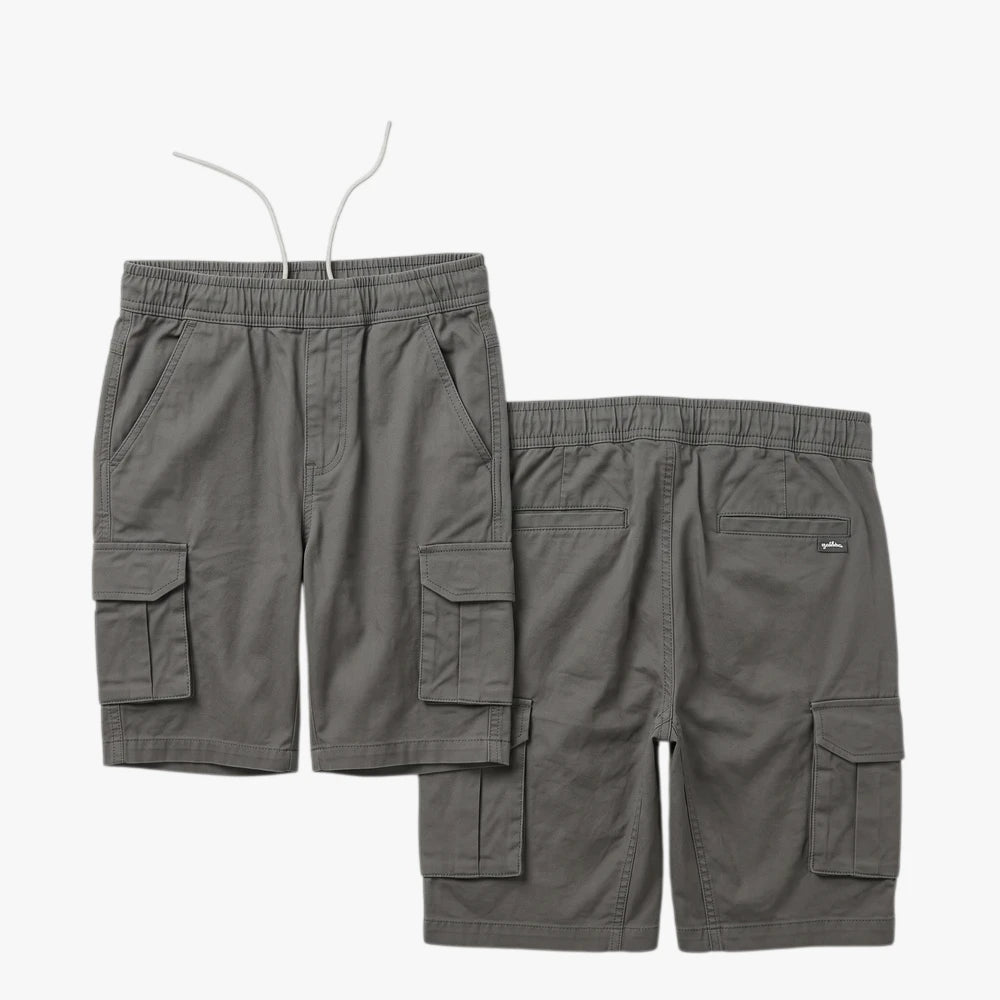 Two pairs of grey Kakiebos Mens 24Cm elasticated cargo shorts, showing both front and back views with multiple utility