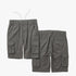 Two pairs of grey Kakiebos Mens 24Cm elasticated cargo shorts, showing both front and back views with multiple utility