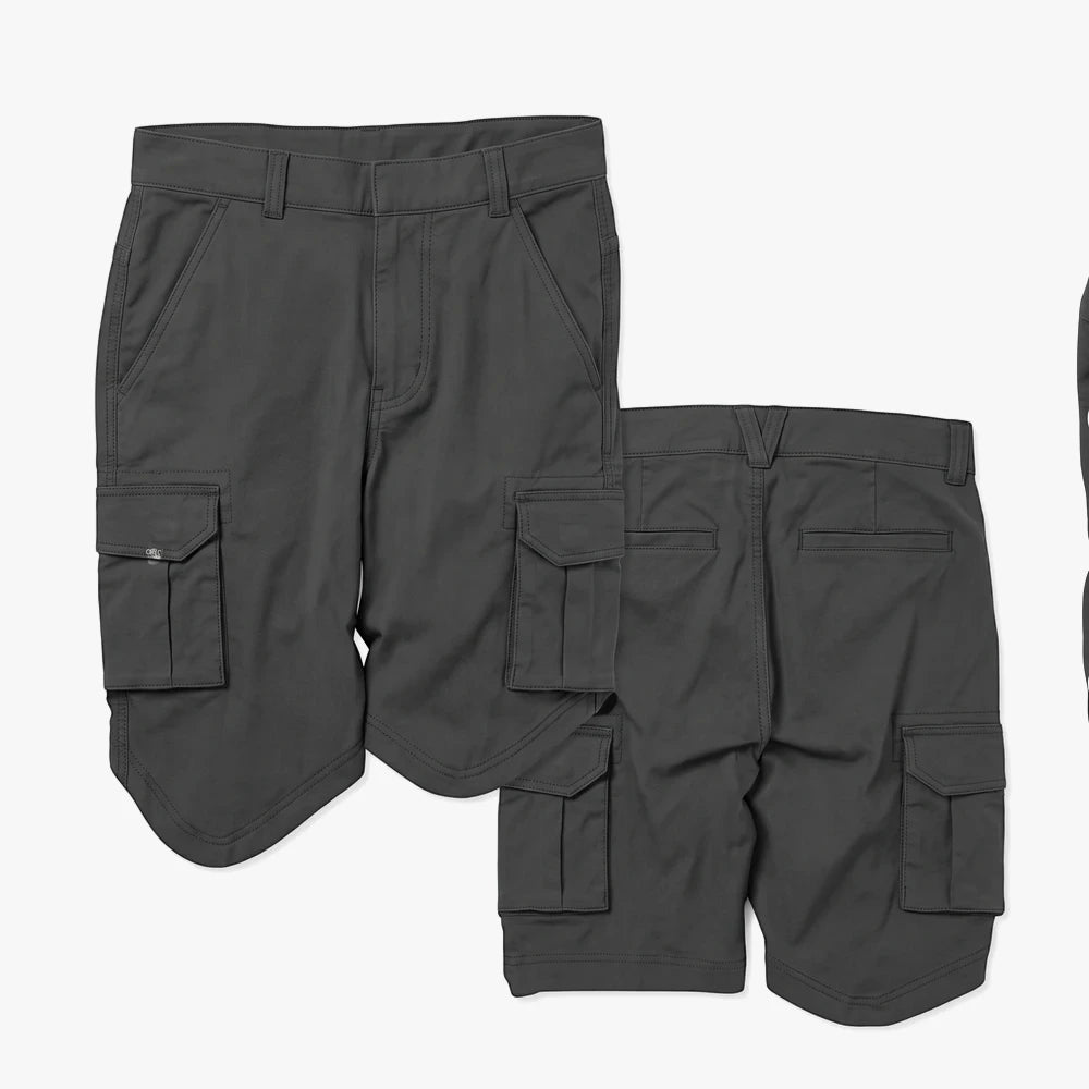 Kakiebos Mens 24Cm Fixed Waist Shorts in dark gray, shown from front and back view with cargo pockets.