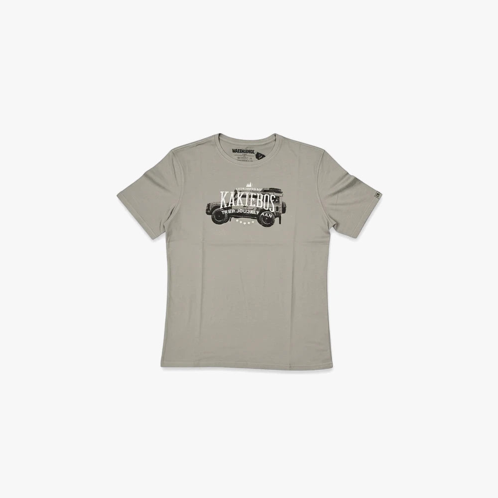 Kakiebos Mens Classic Fit Tee in vintage khaki with a distressed off-road vehicle graphic print on the chest.