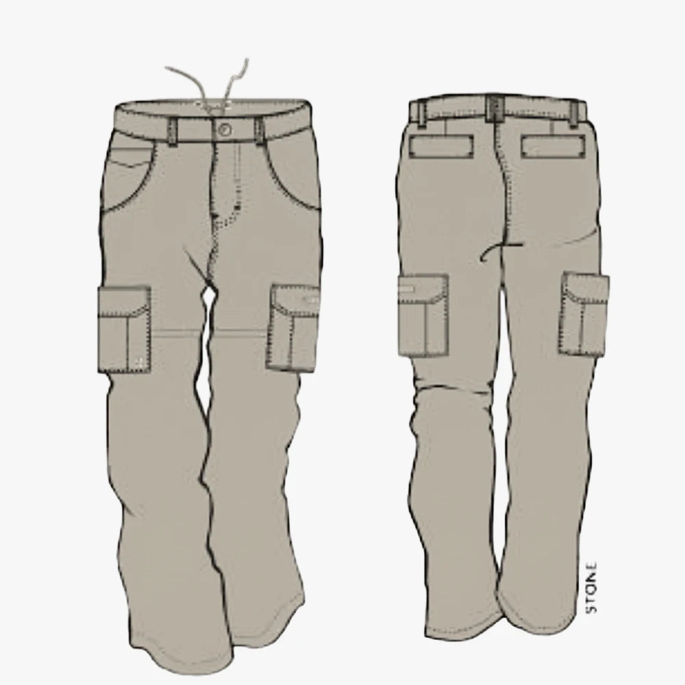 Kakiebos Mens Fixed Waist Cargo Pants in stone color, shown in front and back views with multiple utility pockets.