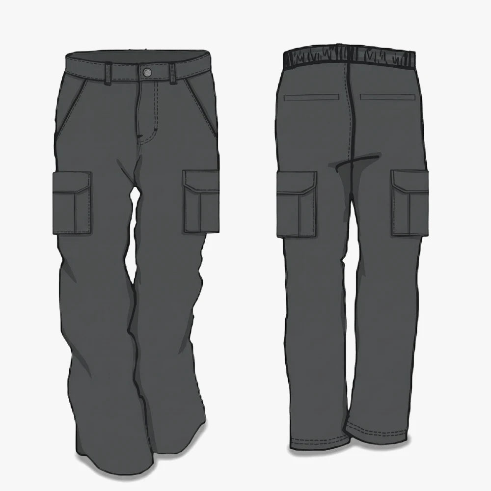 Dark grey Kakiebos Mens Half Elasticated Cargo Pants, shown from front and back, featuring multiple cargo pockets and an