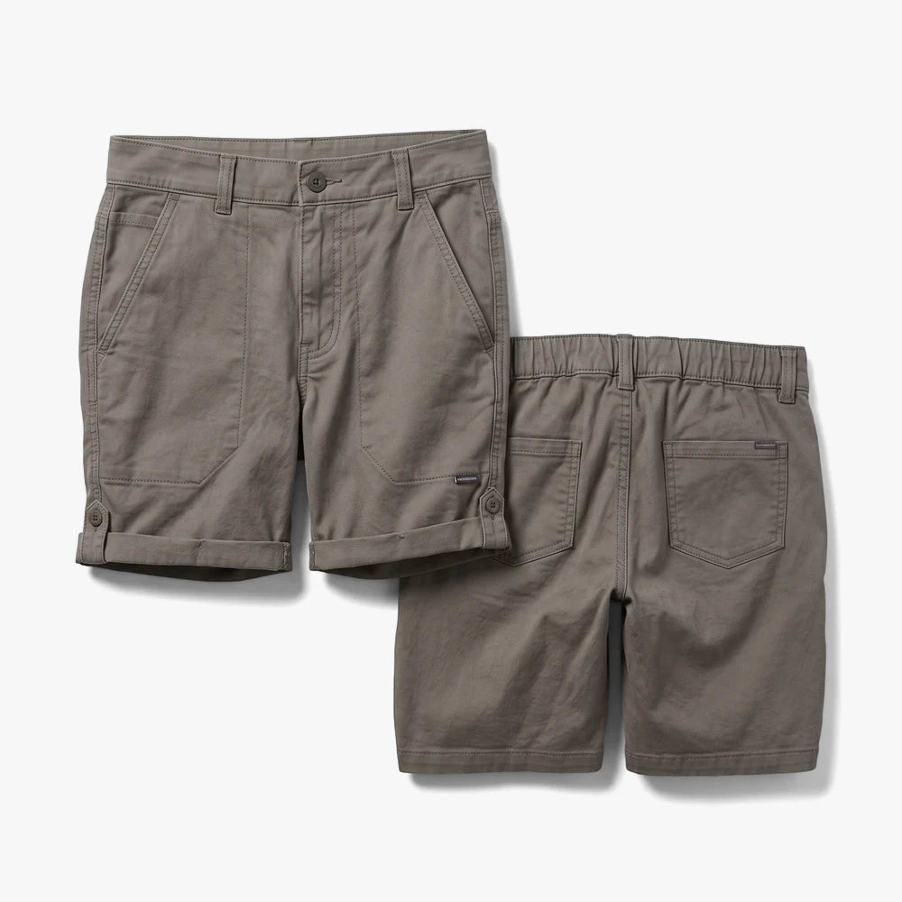 A front and back view of Kakiebos Womens Half Elasticated Shorts in chocolate grey-brown, displaying the button-fly,