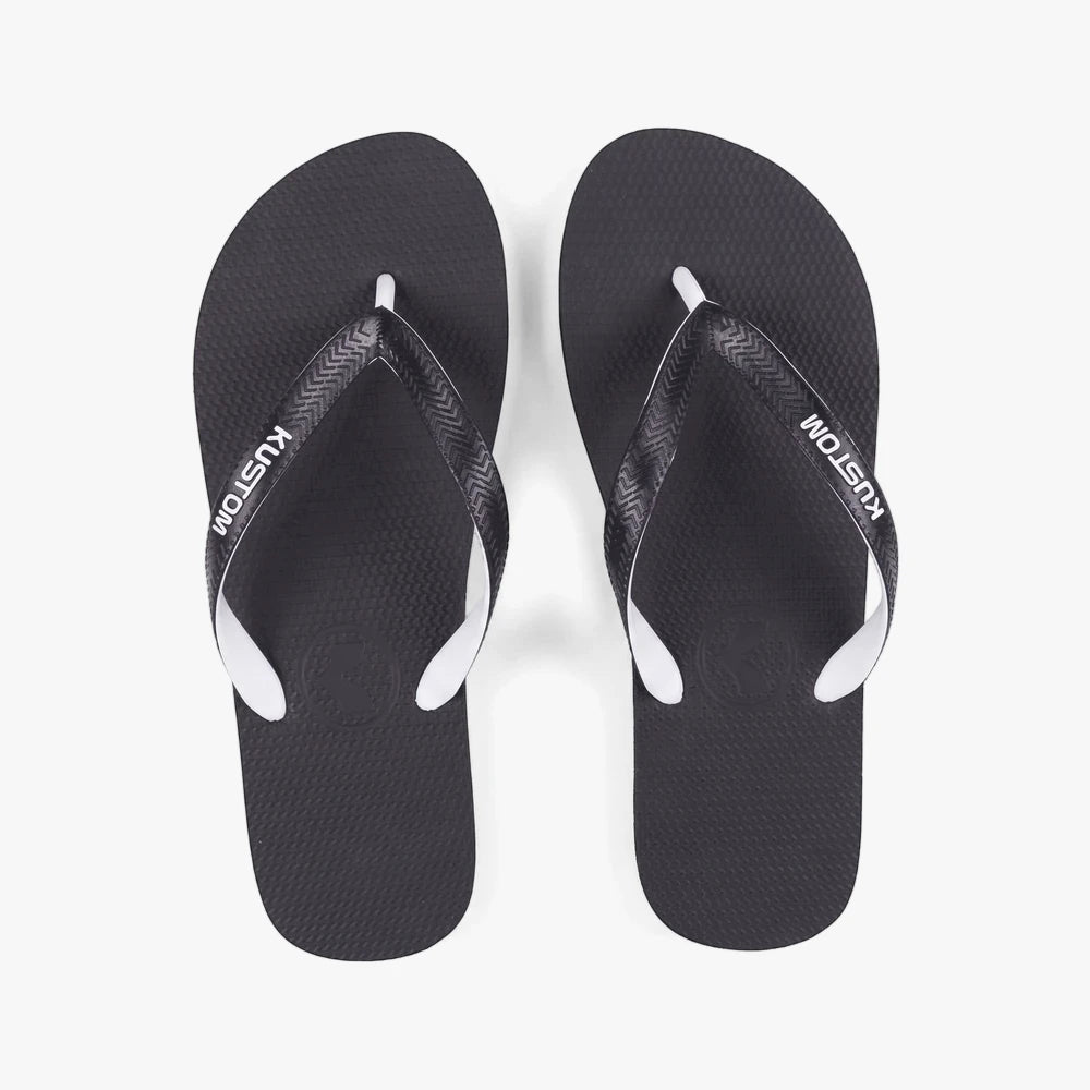 Pair of Kustom Mens Blend Base Sandals in black with white straps and logo, presented in a top-down view.