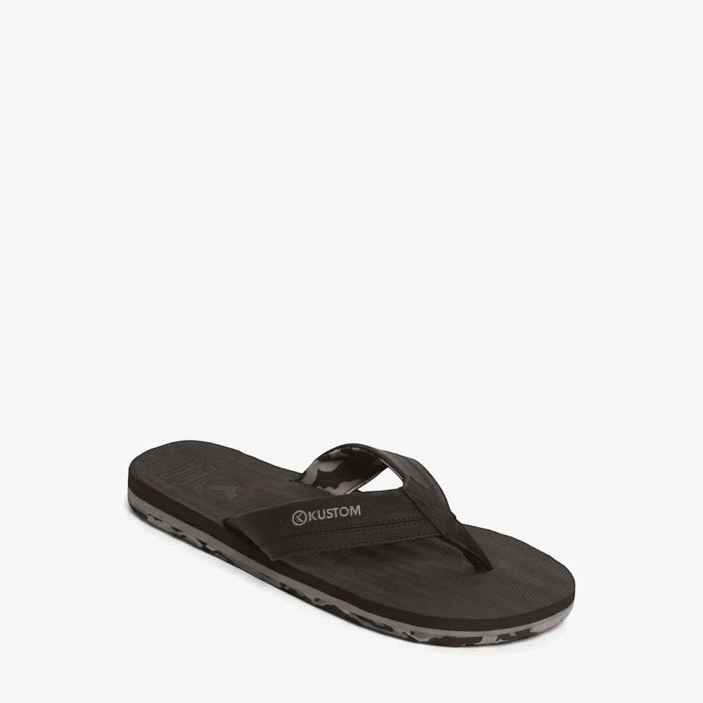 Black Kustom Mens Burleigh Flip Camo flip-flops with a textured sole and brand logo on the strap, shot from a side angle.