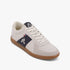 Le Coq Sportif Mens Foot Sport Sneaker in turtle dove and dress blue with a brown gum sole, seen from a three-quarter view.