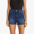 Levis Womens High Rise Za Second Go Shorts in blue denim with a raw hem, worn by a woman.