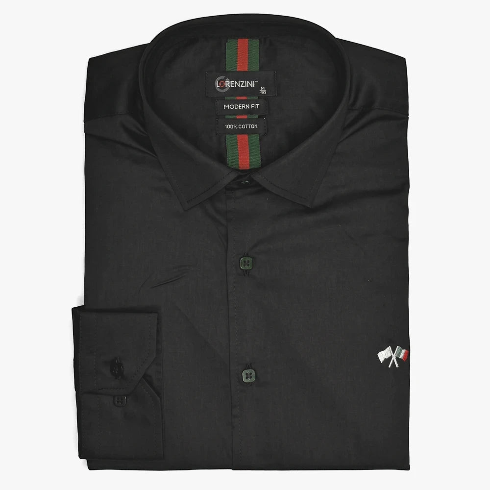 Lorenzini Modern Classic Slim Fit Long Sleeve Shirt in black, made from 100% cotton, neatly folded and displayed.